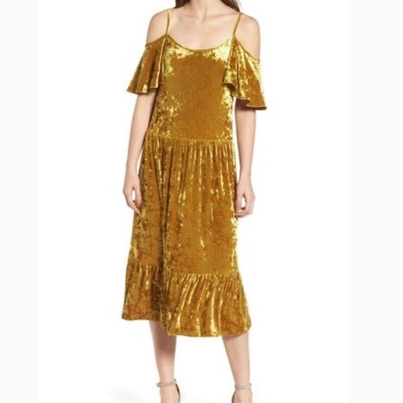 Rebecca Minkoff Mustard Yellow Velvet Midi Dress - Picture 8 of 8